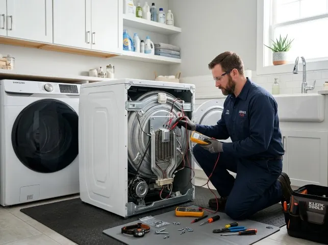Appliance Repair Hero technician checking a dryer heating element with the rear panel off in Arlington, WA