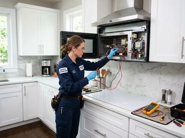Appliance Repair Hero technician testing an over-the-range microwave in a Arlington, WA kitchen