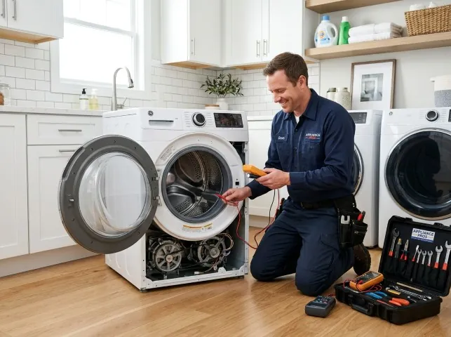 Appliance Repair Hero technician testing a front-load washer with a multimeter on a Arlington, WA service call